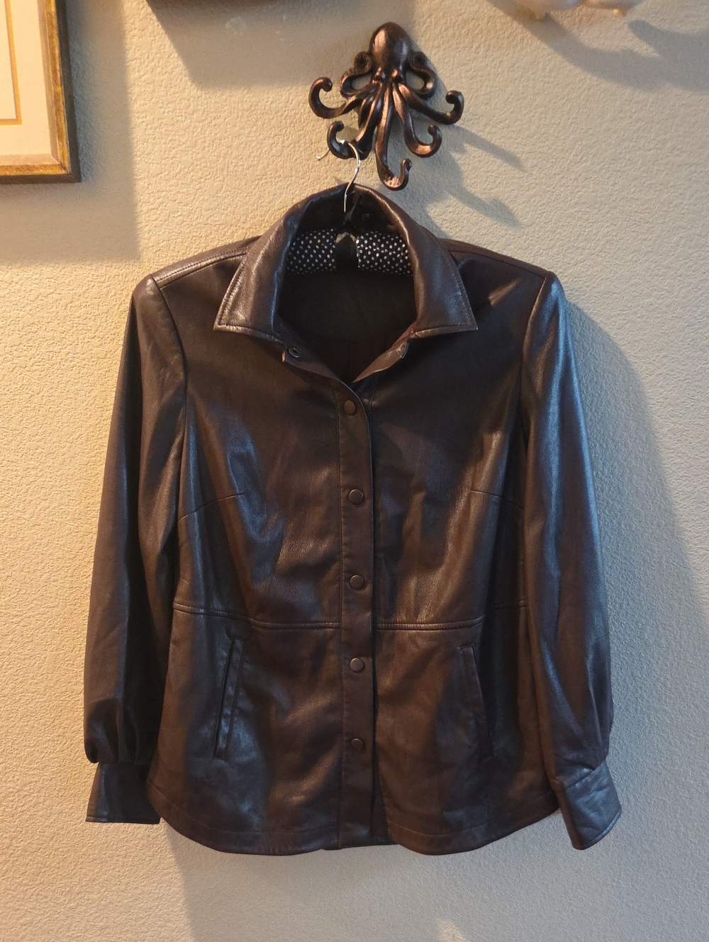 Chico's faux leather button-front jacket in a rich chocolate brown, Size 00